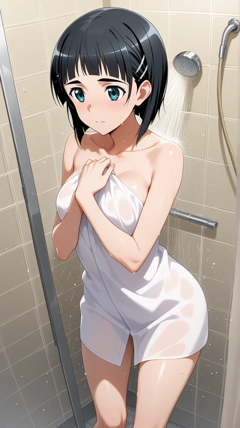 sauna、bath towel、beautiful mature woman、innocent look、wrap a towel around your head、Sweat drips and drips、shy、blush、sexy、adorable expression、Beautiful butt、short hair、back view、bend over、Buttocks emphasis、get down on all fours