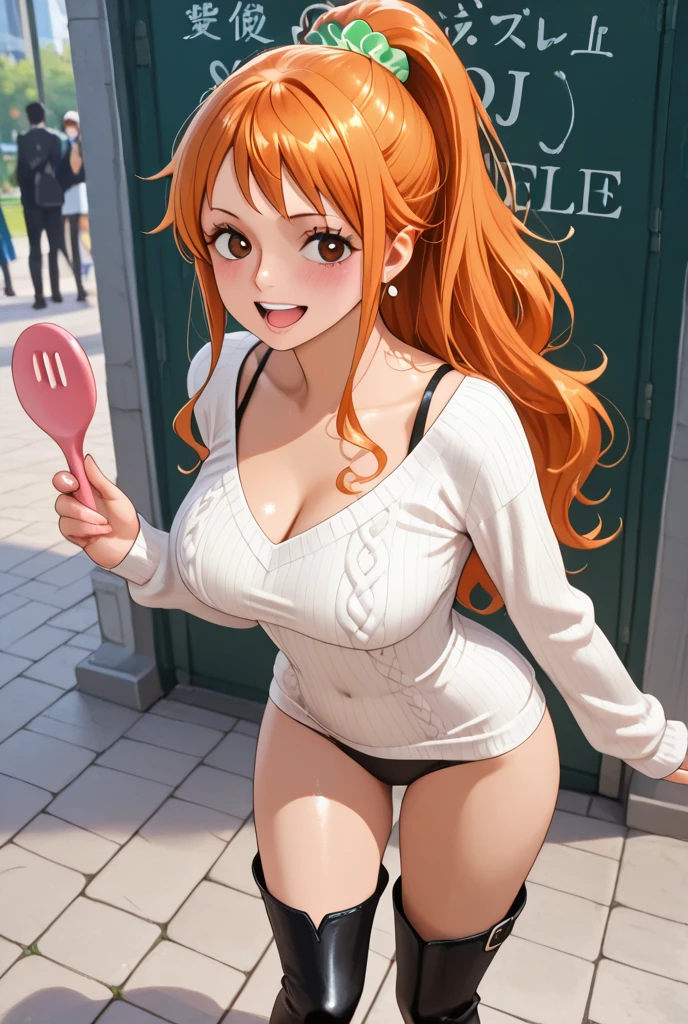(((1girl))), ((((solo)))), ((messy hairstyle)), The girl bowed down, street, sexy, ice cream, smile ,(((Reddish-yellow hair)), white and red eyes, different eyes color, Halter dress, anime vibe