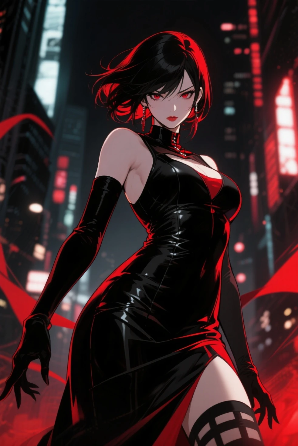 poster for,large scene,Face away from the camera,Young woman,Stand in the center,The side face is exposed,Holding a wine bottle in his hand,dressed stylishly,avant-garde。The background is dark and gritty,The feeling is intense,The color palette is dominated by dark colors,Embellished with color,It is dynamic and visually striking,filmposter,Inviting,lewd poses,dyna,element in,Attachment,Fashionab,alcohol。