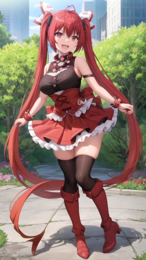 Happy woman, with wolf ears and red hair, holding her cheeks, wolf tail, wearing a latex dress, looking at veiwer, full body, you can see her chest, naked breasts