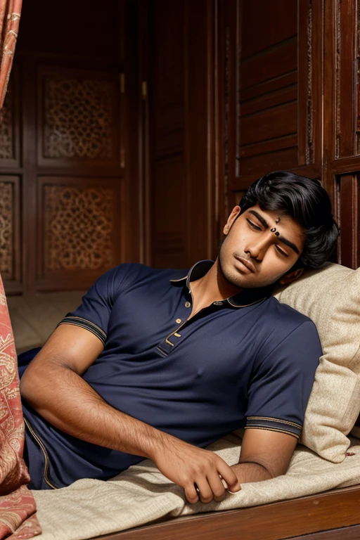 (Masterpiece, Best Quality, Ultra Detailed: Indian gay slave on his bed ,age around 25, bondage