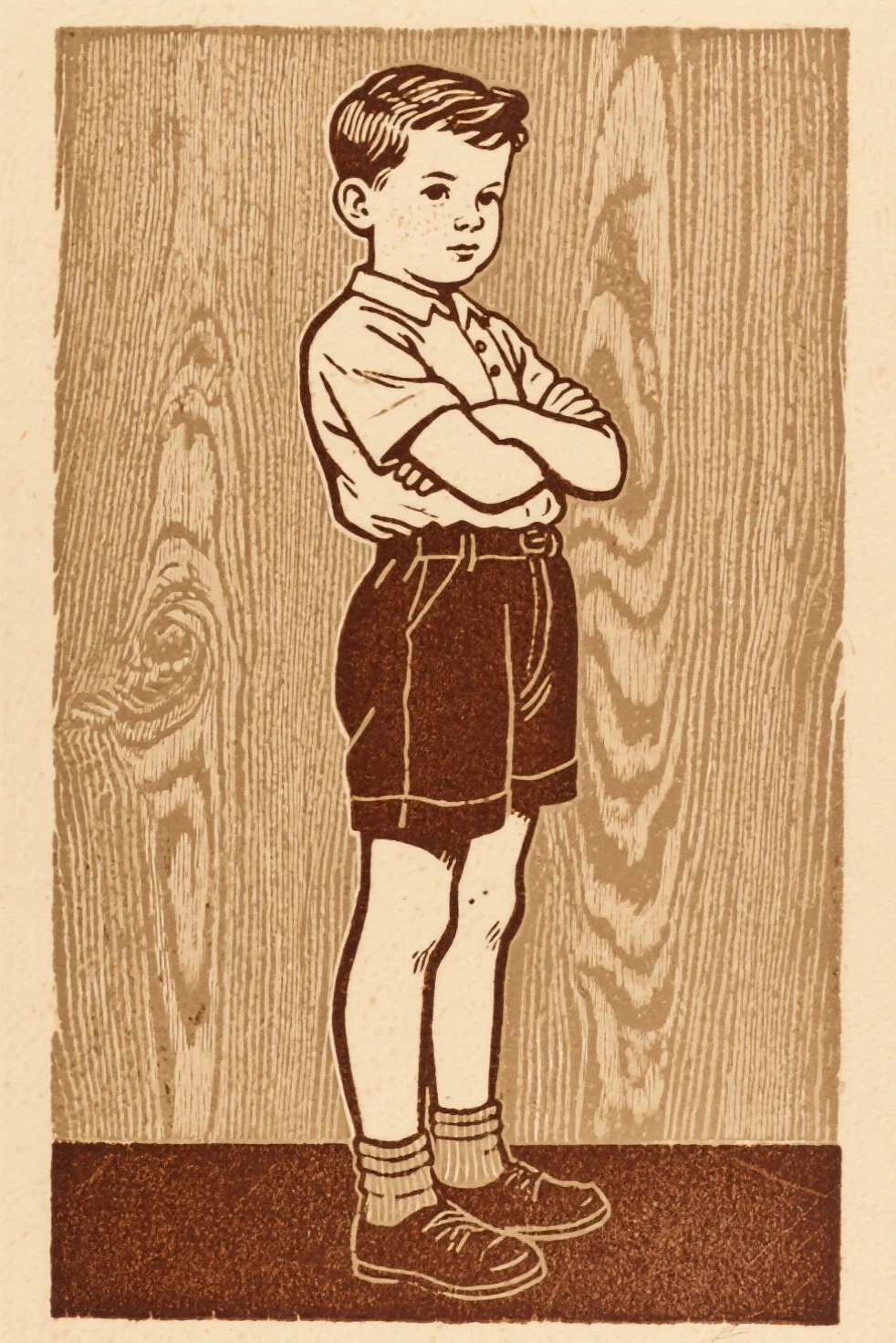 Rough charcoal sketch on old paper, Japanese boy with Bob haircut, Suspenders, shorts, woven shirt, pensive, Dynamic