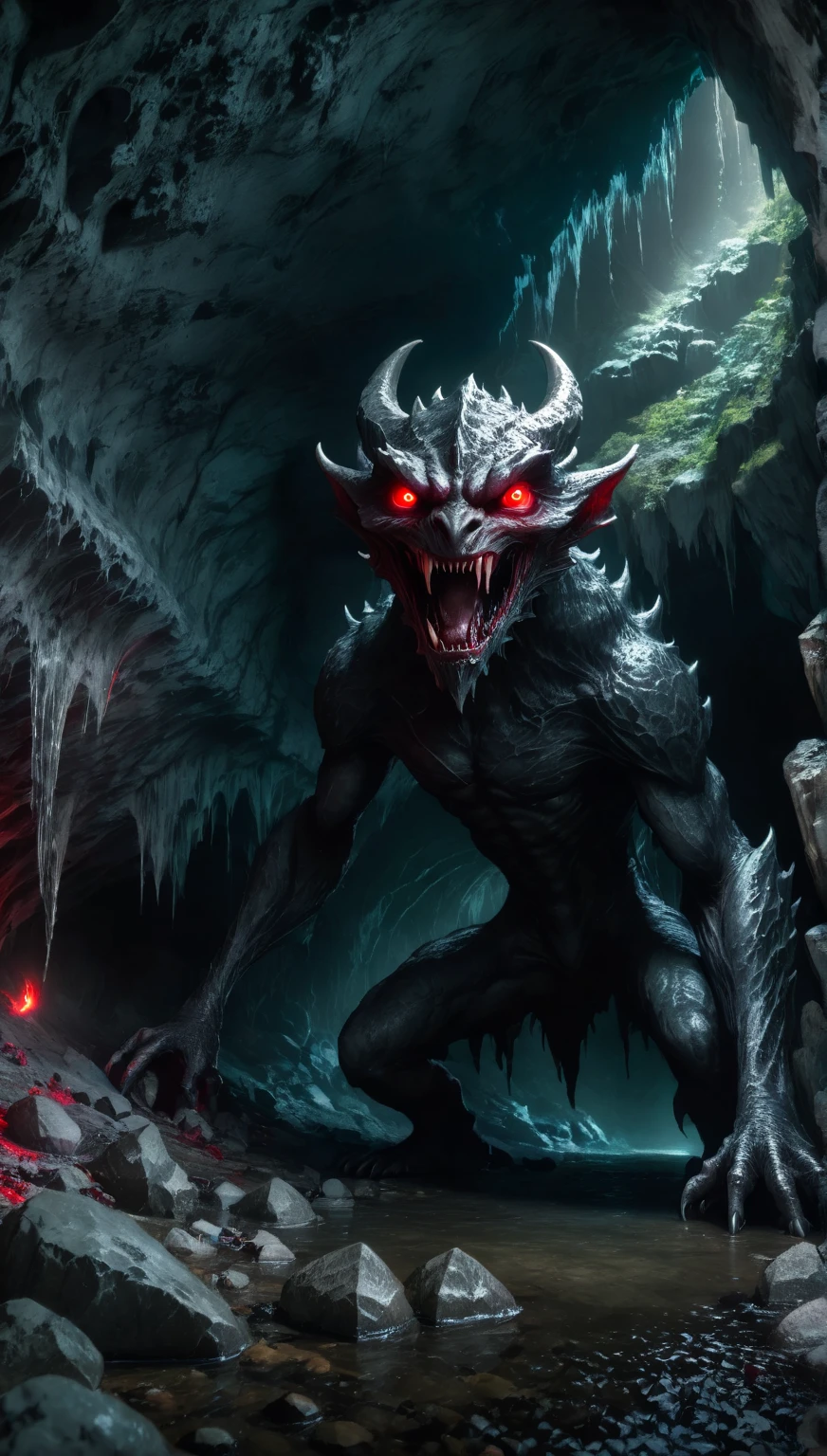 detailed fantasy creature, dark cave, bright red eyes, malevolent presence, mysterious atmosphere, dramatic lighting, Dark shadows, changing tones, cinematographic composition, Hyper realistic, 8k, high quality, Masterpiece