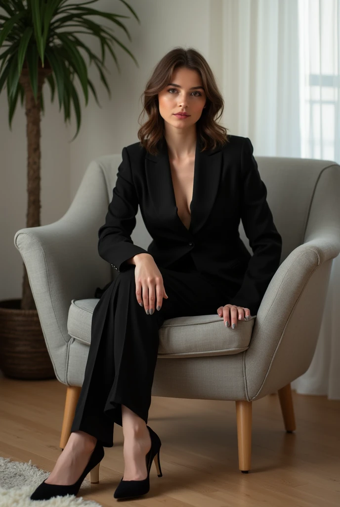 there is a woman in a suit sitting on a red couch, wearing a strict business suit, girl in suit, wearing black business suit, girl in a suit, in a business suit, in strict suit, wearing black suit, with a business suit on, wearing business suit, woman in black business suit, luxurious suit, black business suit, in a black suit