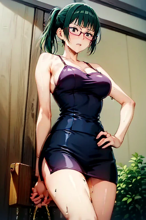 score_9_up, score_8_up, score_7_up, 1girl, solo, mature female, Maki, green ponytail hair, yellow eyes, glasses, red lips, parted lips, fit slim body, perfect medium erected breast,(((highly detailed eyes))), (((dark blue evening dress with plunging neckline, golden earrings, golden rings, black choker with shining rhinestones))), (((white modern villa with panoramic windows, pool, sunset))), outdoors, looking at the viewer, perfect model body, (((pulled up her dress and showing her ass and leopard thong under her dress))), (((from behind)))(((ass look)))