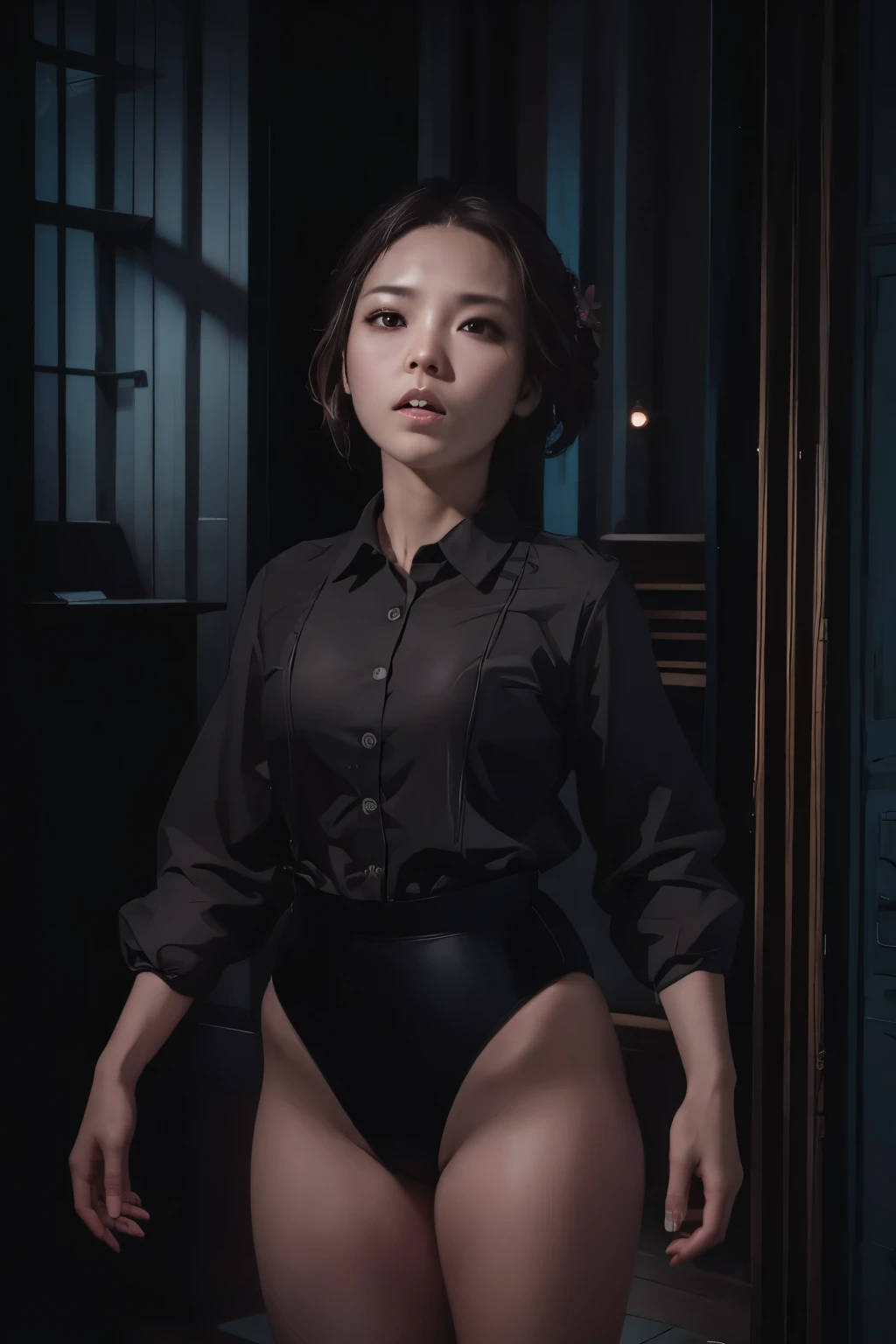 ((moist skin)) dramatic light & shadow with source of light from beside her