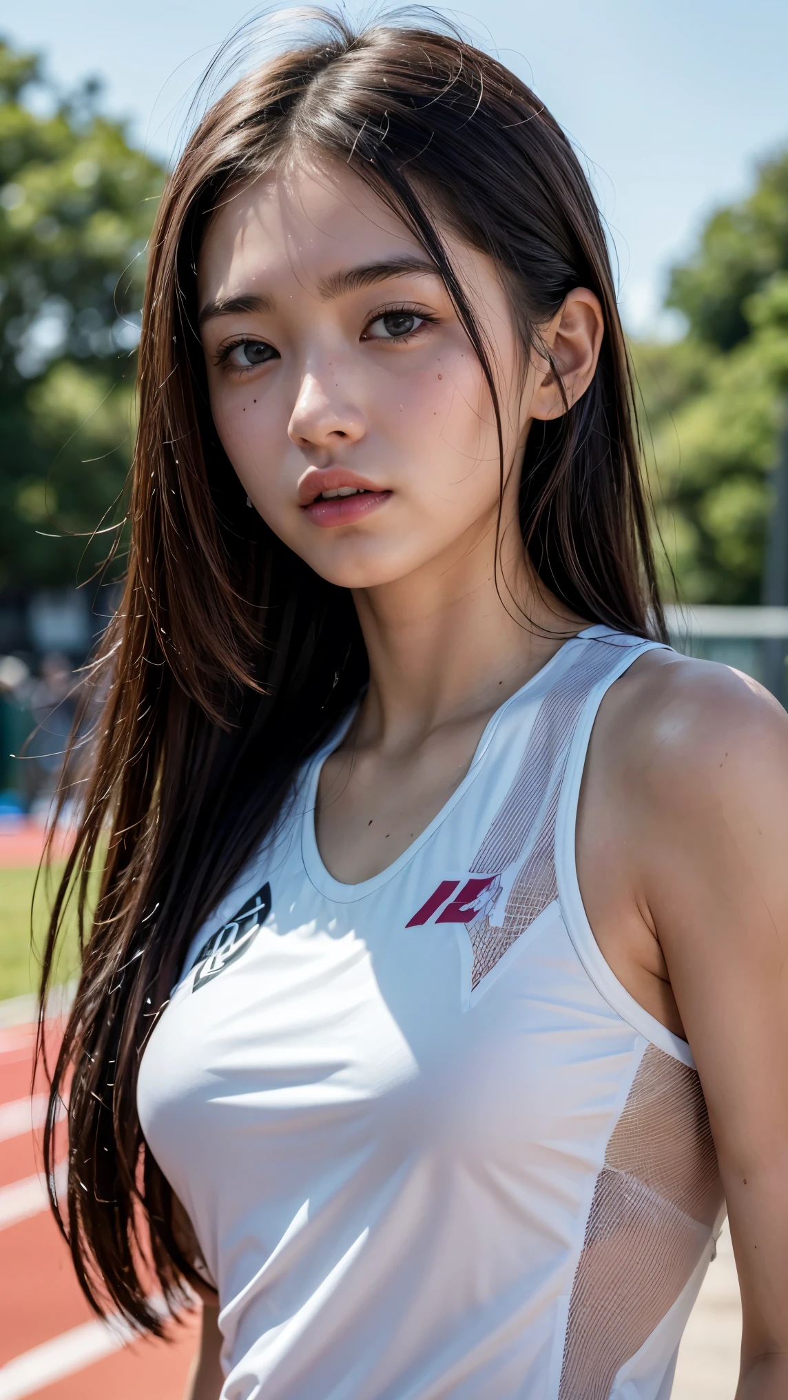 One girl, High resolution, chest, Gaze, Shortcuts, Black Hair, Close your mouth, Headband, Track and field uniform