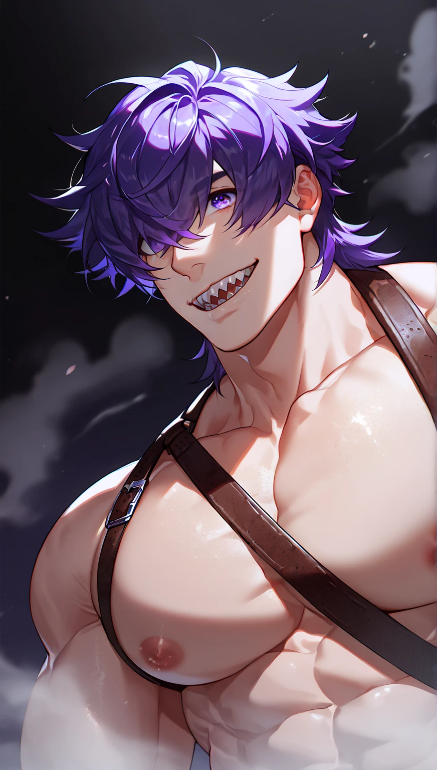 A young man of 25 years., defined body, wide, messy hair, medium eyes, Dear beautiful, black eyes, pointed chin, tattoos, naked, Semen, showing his cock, sexy, seductive expression, seductive smile, stuck out his tongue, sitting on a black throne 