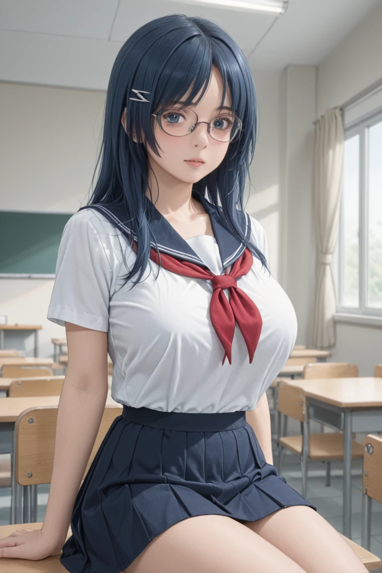 (masterpiece, best quality, ultra detailed, absurdres)1.5, 1girl, (sexy, beautiful woman, perfect face, perfect eyes, perfect female body, large breasts)1.5, (fap_bibleblack_junkomochida_ownwaifu, bible_black, very long hair, blue hair, hairband, rimless eyewear, glasses, pleated skirt, red skirt, thighhighs, loafers, long sleeves, school uniform, red necktie, zettai ryouiki, suspenders, black vest, <lora:FAP_BibleBlack_JunkoMochida_ownwaifu:0.7>), (standing, indoors, Japanese classroom), perfect lighting, smooth, hdr