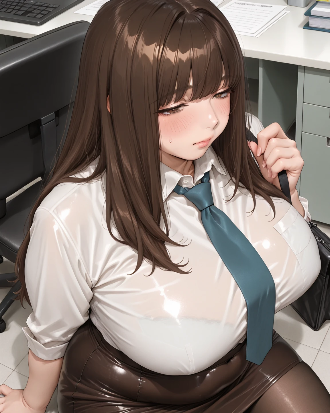 (best quality), (masterpiece), 1 girl, early 20's, huge heavy breasts, busty, massive breasts, thick, thick lips, wide hips, thin waist, in office, vomcum, cum out of mouth