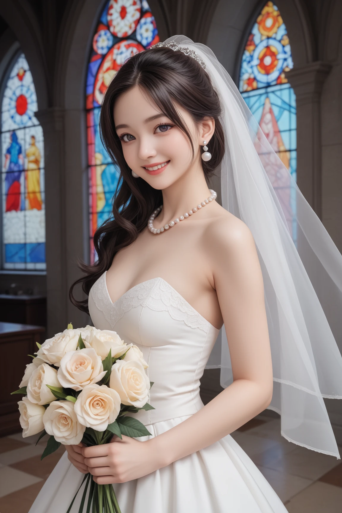 (best quality), masterpiece, (photo realistic:1.5), 8k quality, 1 beautiful girl, 18 years old, full body, (large breasts:1.4), dark brown hair, brown eyes, front, detailed face, beautiful eyes, looking at viewer, smile, BREAK, wearing mighty sexy wedding dress, one shoulder dress, standing in a wedding altar, holding a bouquet with both hands, (ulzzang-6500-v1.1:0.1)