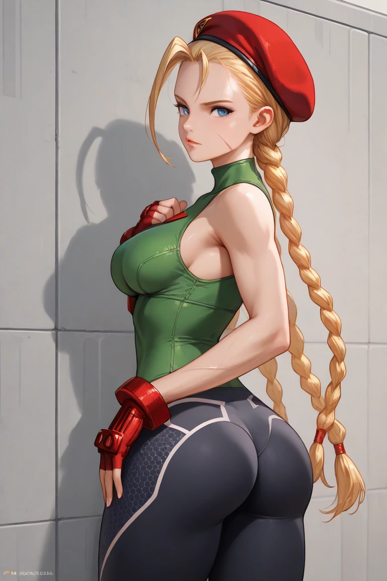 ((masterpiece)),(((best quality))),((character design sheet)), concept, poses, masterpiece, best quality, highres, 1girl, cammy white, twin braids, long hair, blonde hair, antenna hair, beret, military gear, (red headwear:1.3), blue eyes, scar on cheek, green leotard, large breasts, sleeveless, red gloves, fingerless gloves, camouflage, cowboy shot, standing, outdoors, arms at sides, straight-on, blank background ,chara-sheet
