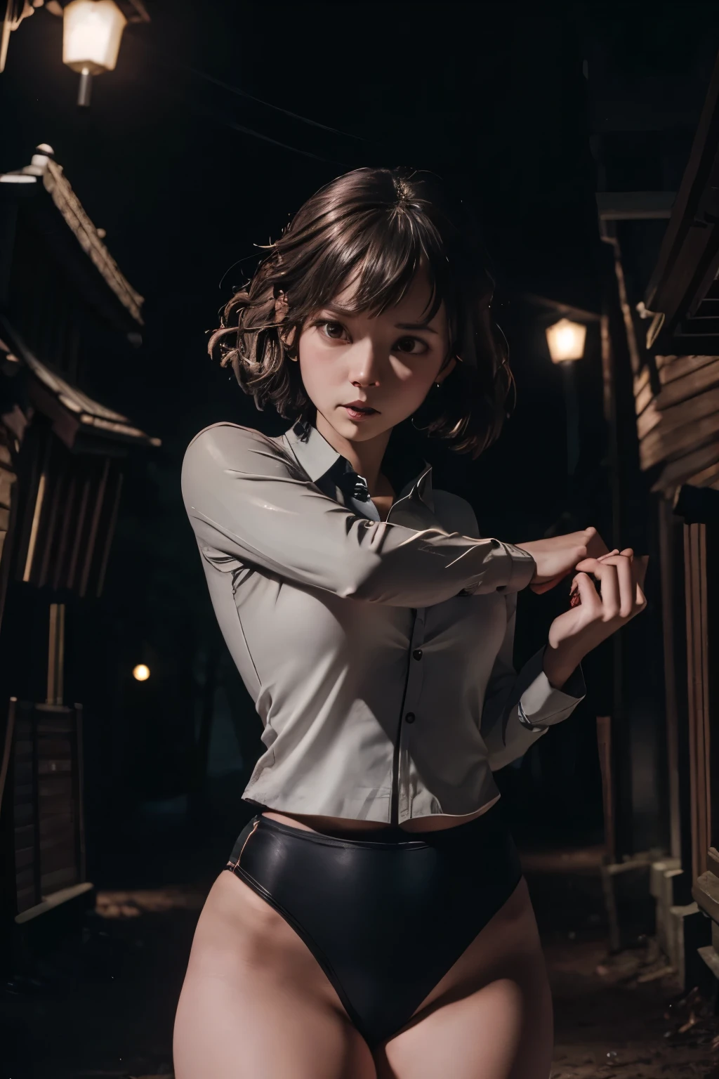 masterpiece, Highest quality, masterpiece, (One girl), (letter), Evil Witch, Dark Energy, Empty, Hollow Eyes, (an extremely evil), black magic, Dark Forest, Negative Energy, hell, Empty, performer, Brown Hair,Wearing a black gymnastics bloomers,high leg,self wedgie,white blouse、alone、Fighting、In the deep forest at night、look anxious、Face twisted in fear、shout、surrounded by monsters、Being attacked by monsters、