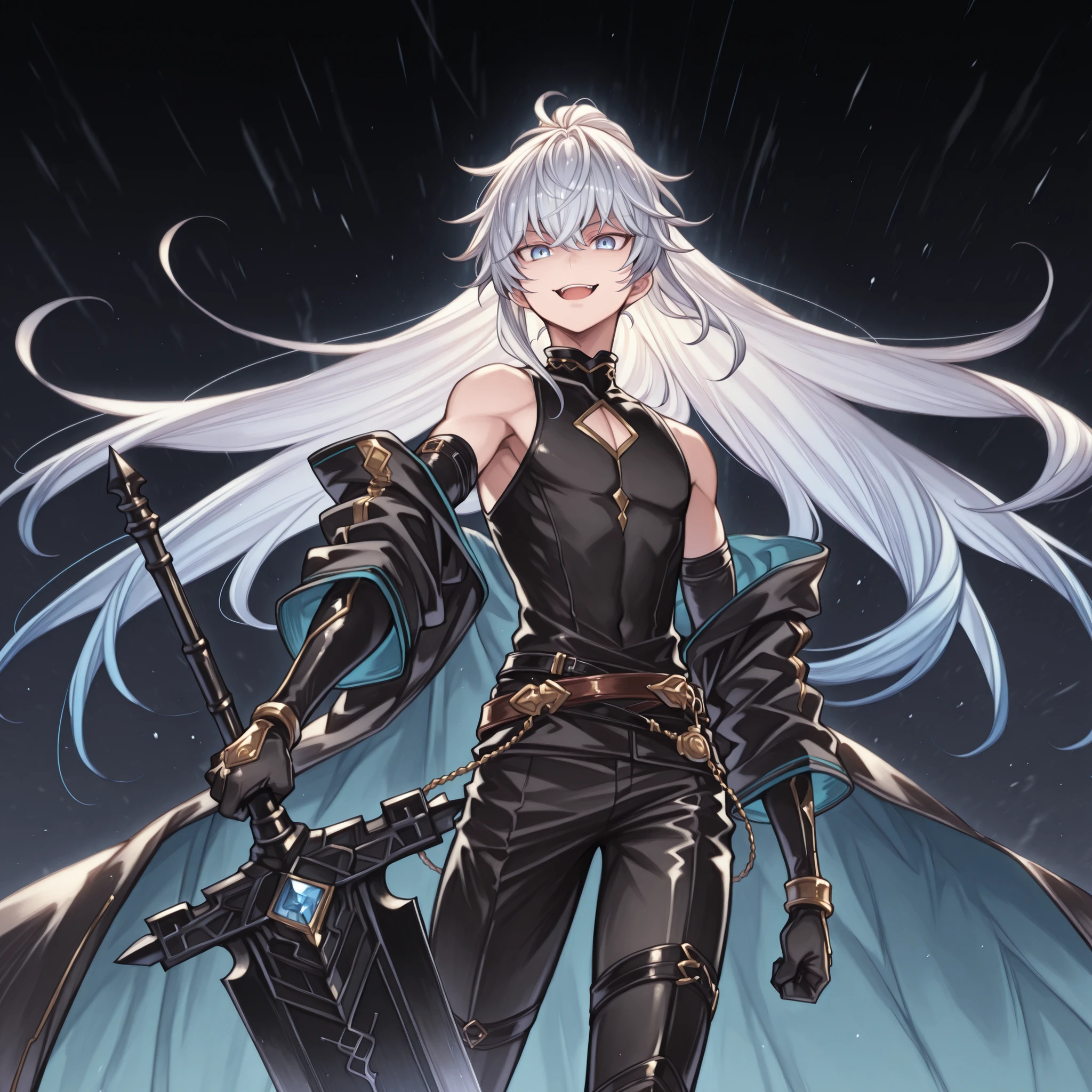 alone, 1 boy, and short, small character, short character, Character 1.50 meters tall, and short, young character, character with male body of Vanitas from "Vanitas no Carte", male character;
sparkling white hair, The character's hairstyle must match that of Hill from "Lilith's Cord", long bangs;
The character's face must be the same as Hill from "Lilith's Cord", striking blue eyes, provocative face, provocative smile, perfect and beautiful face;
perfect anatomy, black clothes tight to the body with gold details like Lucifer/Lucio from "Granblue Fantasy", exposed arms and shoulders, black coat like Dusk's from "Arknights", coat falling down the arms, cloak tied at the waist;
holding a large and giant greatsword completely black, greatsword longer than the character's height, black blade;
black background, attack position (holding a large and giant greatsword completely black, greatsword longer than the character's height, black blade);
Flashy pose, looking at the observer, provocative smile, confident, character is a young age boy,
character is a male character, similar height to Rimuru Tempest;