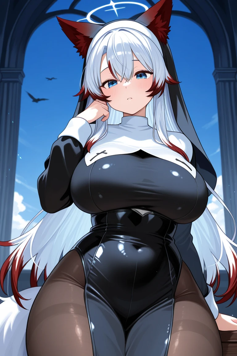 1girl,solo,black sexy nun outfit,tail,pale skin,red eyes,stand,sexy pose,smile,flail,large breasts,large thighs+(best quality,4k,8k,highres,masterpiece:1.2),ultra-detailed,(realistic,photorealistic,photo-realistic:1.37),vivid colors,detailed eyes,detailed lips,long eyelashes,portraits,studio lighting,beautiful,dark background,spiritual ambiance,glowing aura,sharp focus,physically-based rendering,bokeh