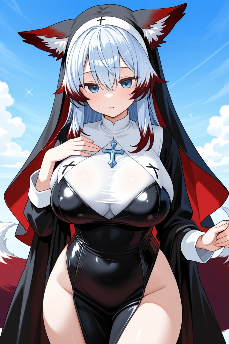 Nun in sexy lingerie has white hair and red eyes. She gently stuck out her tongue, Cross-eyed，Raise your hands slightly.