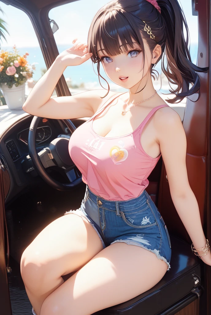 (Best Quality, 8K, 32K, masutepiece, nffsw:1.2), Kizuna Ai, Huge breasts,Long hair, Brown hair, multicolored hair, hair tied, pink hairband, Pink Highlights, striated hair, Smiling, Black tank top, Navel, Navel piercing, Tattoo on the stomach, jeans panties, hose pipe, Car , Car wash , Wet