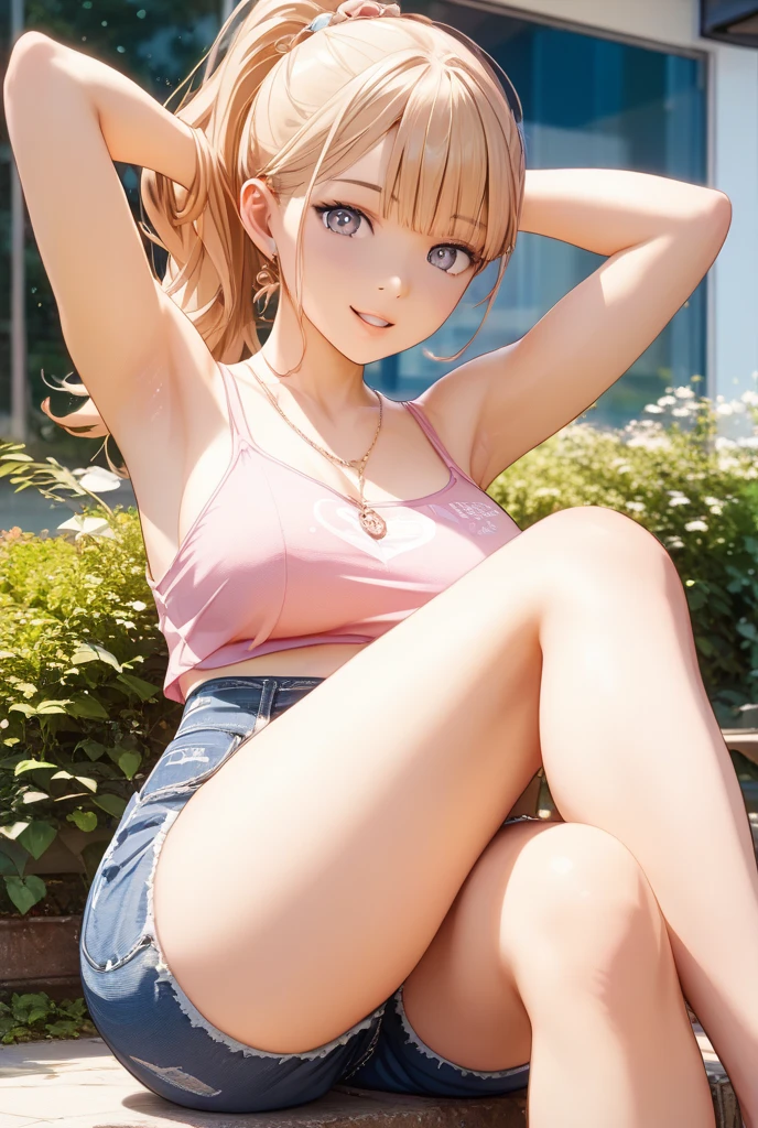 Top image quality、top-quality、8K picture quality、1a person、honoka、A smile、embarrassed from、red blush、Colossal tits、Black enamel、extra small micro bikini、highleg、Crotch Squeeze、Squatting on the ground、Open your crotch wide from side to side、Opening legs、Arms behind your head、Show off your armpits、pin heels、White knee-high socks、Facing the front of the camera、stares at the camera、Open the camera legs wide to the left and right、Stone corridor、stairway、profetional lighting、Professional filming、