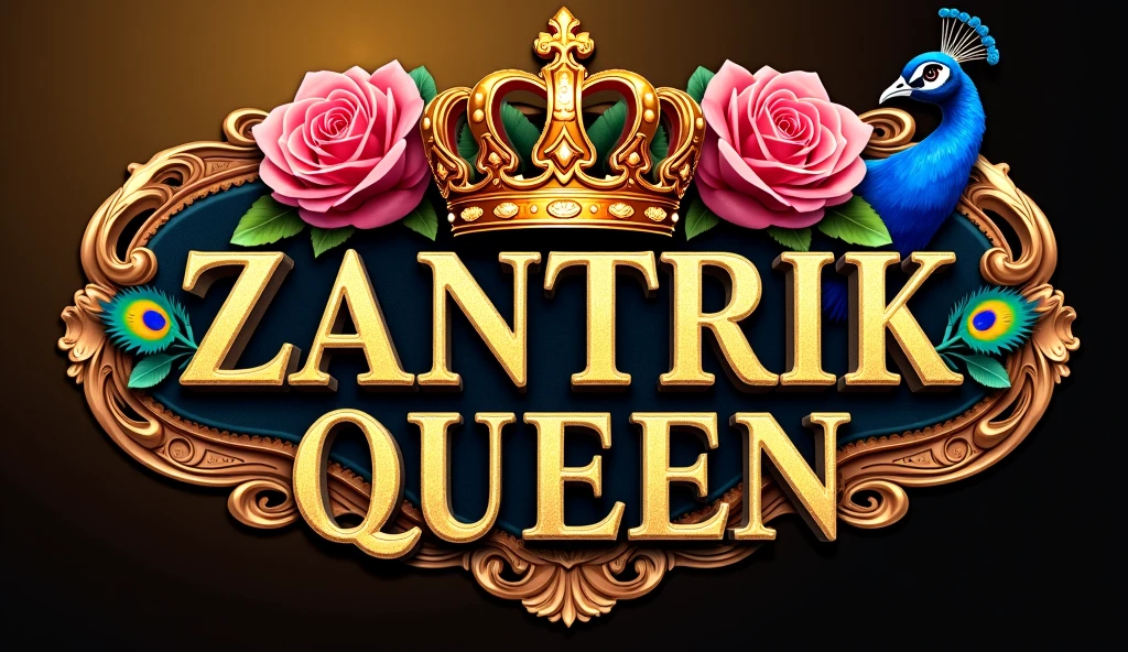 "A luxurious name design featuring the name 'ZANTRIK QUEEN,' adorned , shiny gold accents, a royal crown with roses, and a vibrant peacock with its feathers displayed. The background is a gradient of warm BLACK TRANSPARENT MARBAL tones."