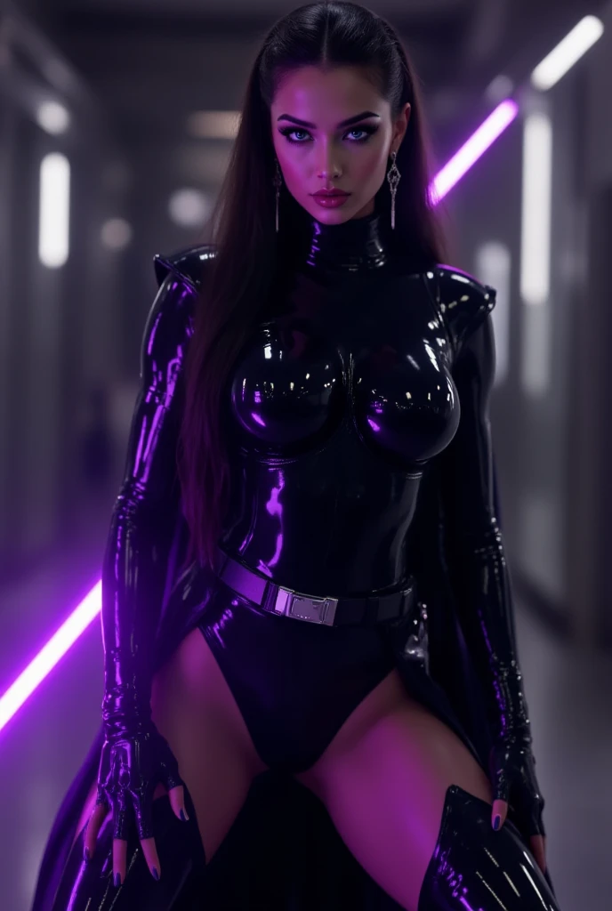 A beautiful hyperreal woman who represents Sailor Moon. Black hair, very big breasts, giant butt, tiny waist. Her face has Japanese anime features. She has long straight black hair down to her waist. Bangs: She has short, blunt bangs that frame her face and curve to the sides. She wears a striking, avant-garde ensemble that exudes power and confidence. The outfit features a structured bodysuit crafted from sleek, metallic yellow fabric, hugging her curves in all the right places. The bodysuit is adorned with intricate laser-cut details resembling futuristic armor, adding a touch of edge and sophistication. Complementing the bodysuit, she wears a voluminous cape in sleek black, billowing behind her with every step. The cape is embellished with shimmering sequins and oversized gemstones, creating a dazzling effect as she moves. Her accessories include statement shoulder pads encrusted with Swarovski crystals, adding an extra layer of drama to the ensemble. She wears sleek, thigh-high boots in glossy black leather, with metallic accents and sharp stiletto heels, giving her an imposing stature. For makeup, she opts for a bold and dramatic look, with winged eyeliner in metallic silver and deep black, complemented by a swipe of vibrant yellow eyeshadow. Her lips are painted in a deep, matte burgundy, adding a sultry touch to her fierce demeanor. As she takes center stage in a futuristic metropolis, the neon lights reflect off her shimmering outfit, casting her in an otherworldly glow. She stands tall and unapologetic, a symbol of strength and resilience in a world of endless possibilities. She is showing her big ass in close-up. You can see her butt with perfect detail.