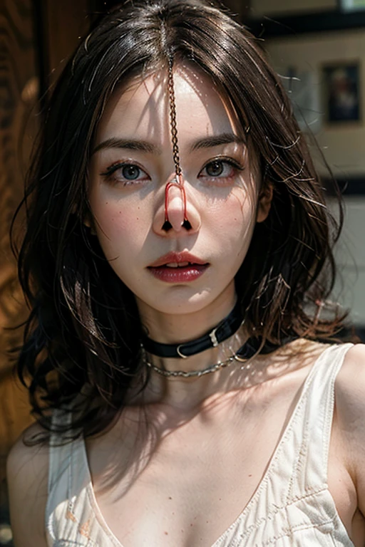 (Browsing Caution:-2), (Realistic, photo-Realistic :1.4), (Highest quality, masterpiece:1.2), RAW Photos, High resolution, Intricate details, Very detailed, Realistic and sharp details, Portraiture, (Front view:1.2 ), alone, Beautiful Japanese Woman, Beautiful woman, (Black Hair), (Short Bob Hair), Detailed face, Detailed eyes, Beautiful Eyes, Refined nose, Pale skin, Fine skin, (Nose hook, Chain strap), (Gemstone Choker), clavicle, shoulder, T-Shirts, skirt, dress、(whole body)、(Configuration from below)、(tattoo)、（）、（Are crying）、（tearsを流す）、（tears:1.2）、（Eyes that cried）、（tearsを流す）、（Crying face）、Nose hook、