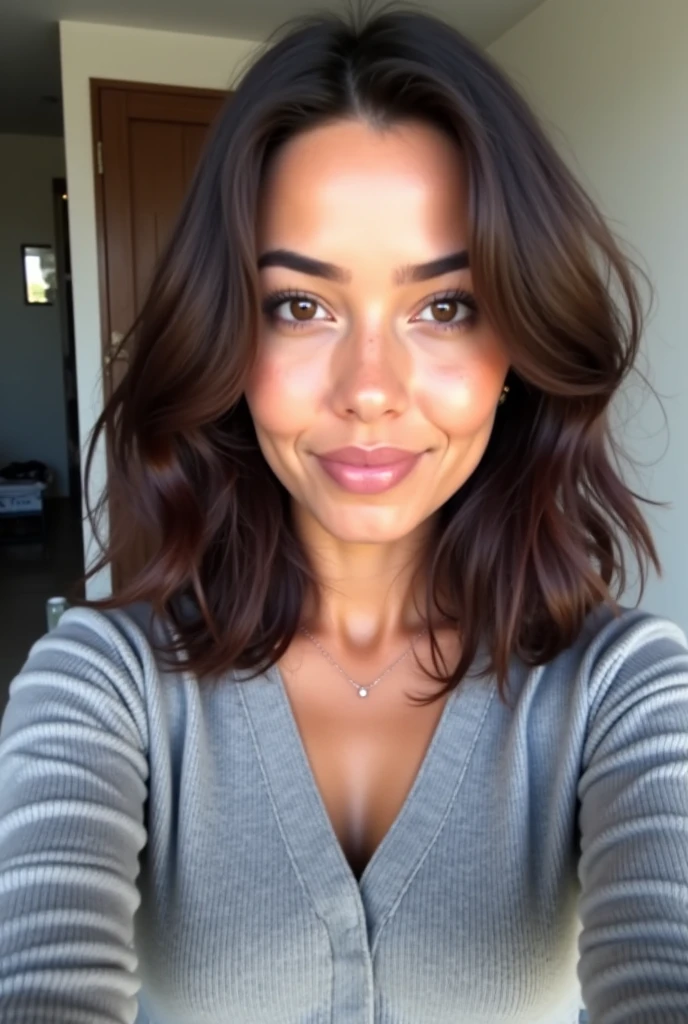 Une jeune femme africaine, traits visage fin, peau noire, origine afrique de l'est, peau foncée, vue de face, Yeux bruns, sourire sur le visage beau regard, Cheveux foncés, cheveux long bouclés, cheveux ondulés brun marron, porte un tailleur professionnel avec une chemise qui cache son buste, image corporelle debout , visage très jolie, Mains tournées vers le devant sur une table, UNe conversation avec quelqu&#39; une journaliste professionnel, décor arrière plan dans un plateau de télévision, 25 ans et regarde l'objectif caméra; Une caméra 4K de haute qualité;