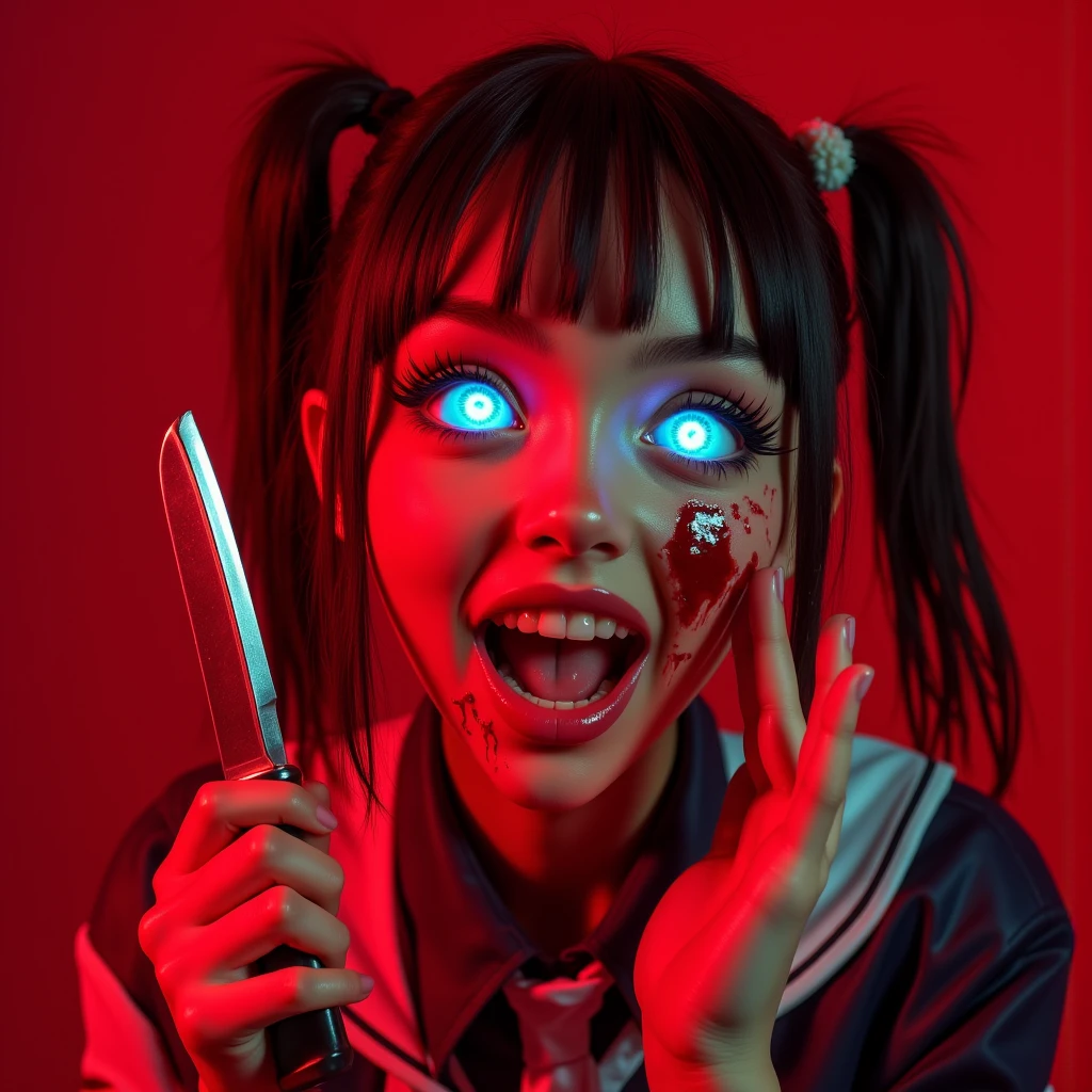 there is a woman with a red bow on her head and a nose piercing, scary look, scary pose, scary face, creepy pose, horror photo, corpsepaint, inspired by Junji Ito, with fangs, scary angry pose, junji ito 4 k, scary smile, shiro from deadman wonderland, horror face, taken with a canon eos 5d