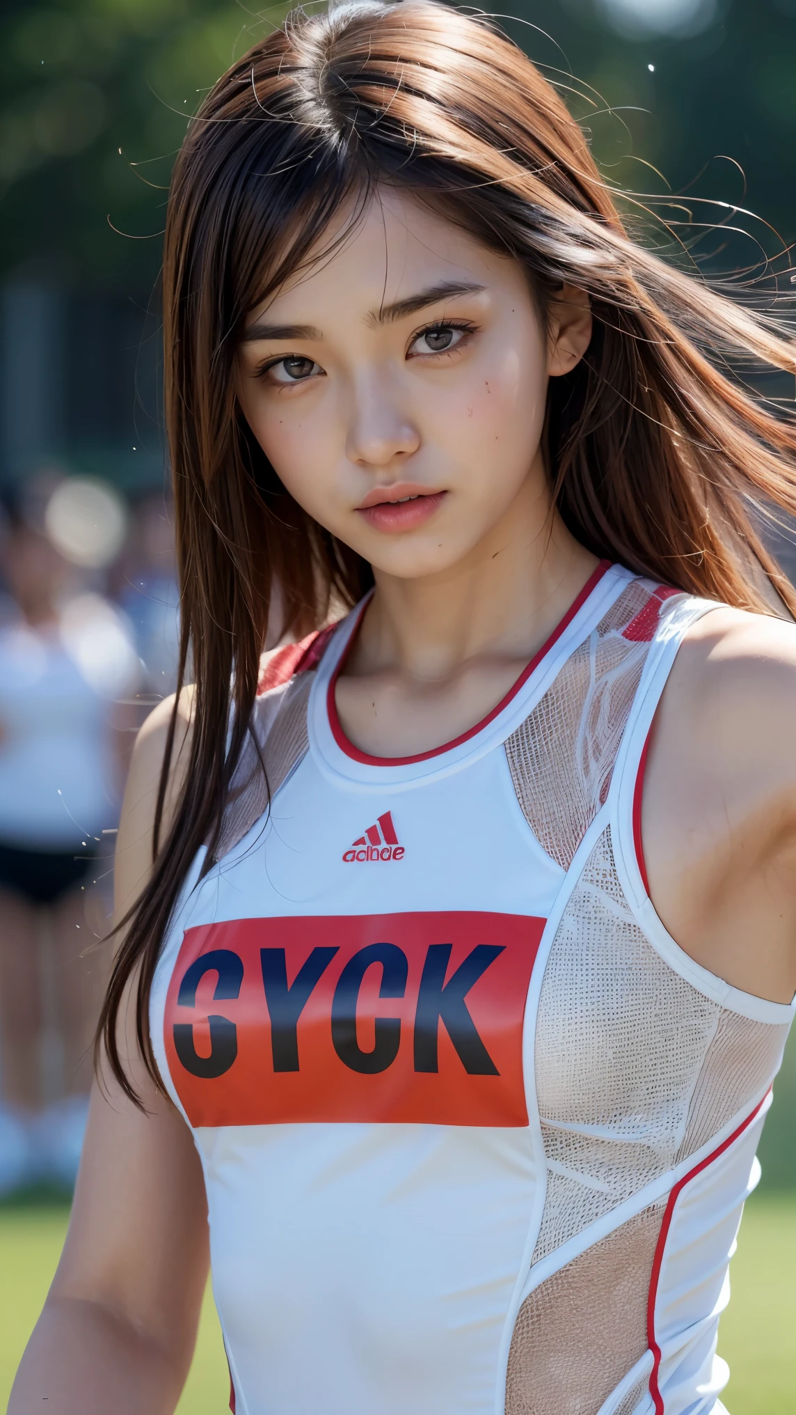 (best quality:1.2), masterpiece, Realistic, Ultra-high resolution, ((a beautiful Japanese idol 12 years old woman:1.2)), (Gaunt:1.3), (((Very flat chest:1.4))), ((Baby Face)), (((Show me your sweaty armpits:1.2))), ((Upper Body:1.4)), (arms up), (focus on her armpit:1.3), ((Armpits are wet and shiny with sweat)), She has skin that sweats easily Soaking wet, (athletics stadium, track and field athlete:1.2), ((topless))