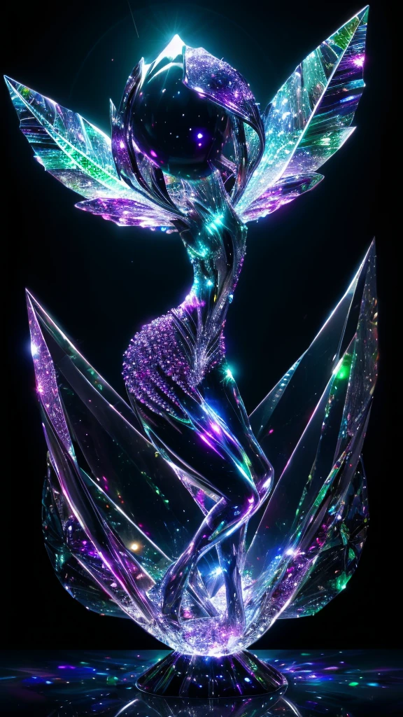 mega crystal kikro collaged dispersed image of a dancing girl on the podium in break dance style, glitch transformation in color gradient splitting and diffusion, micro mesh fractal orthogonal decor,