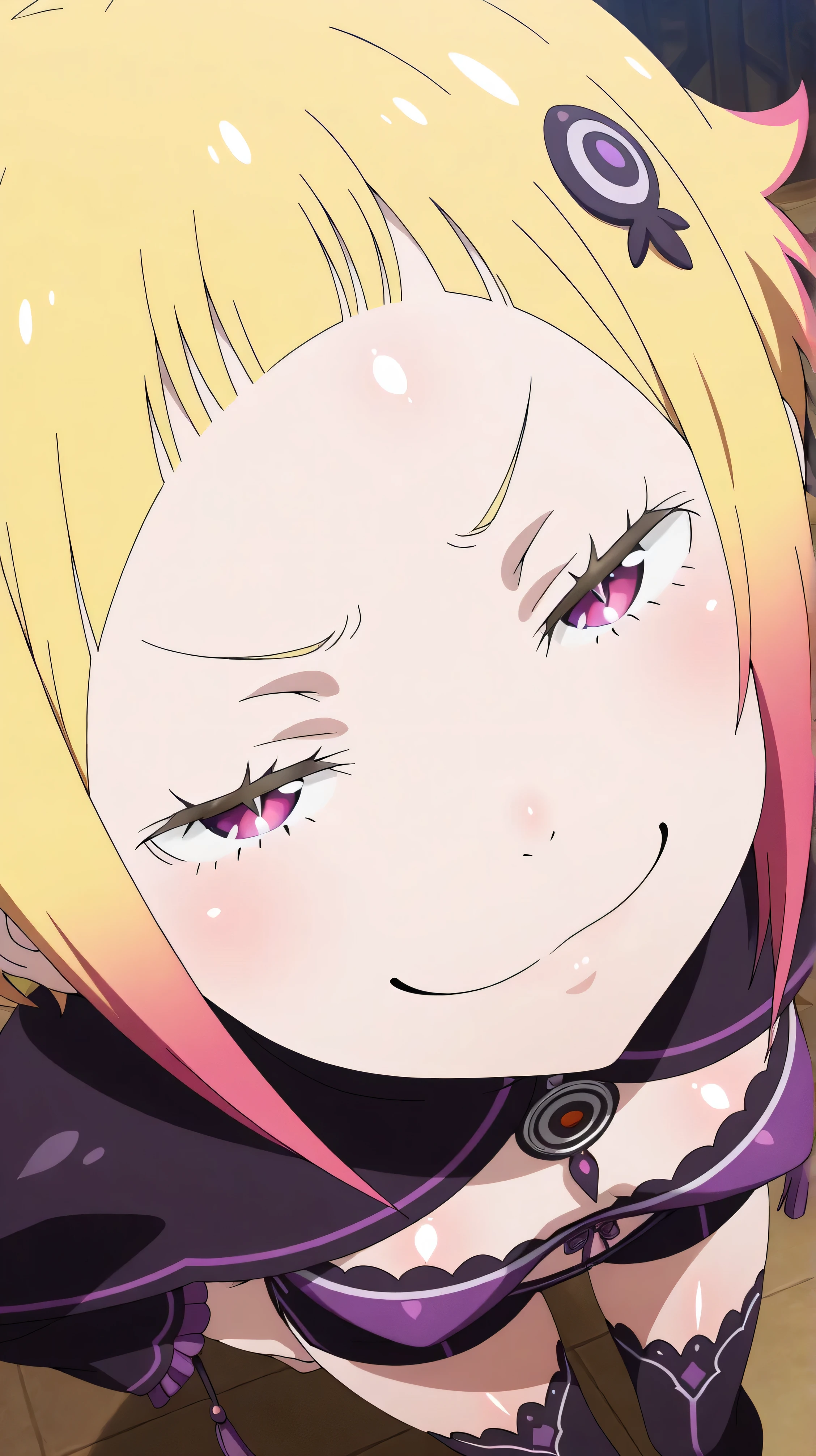 , Capella,re:zero
High quality , best quality , masterpiece, High Resolution , detailed face( LoRA: Capella),anatomically correct, detailed hairstyle( LoRA: Capella),anime Coloring
solo, 1 girl
,multicolored hair,blonde hair,short hair,pink eyes,(shiny skin:1.5),
, purple midriff,black shorts,black thighhighs,hair ornament,
, close-up, looking at viewer,from above,upper body, (smug:1.9),
