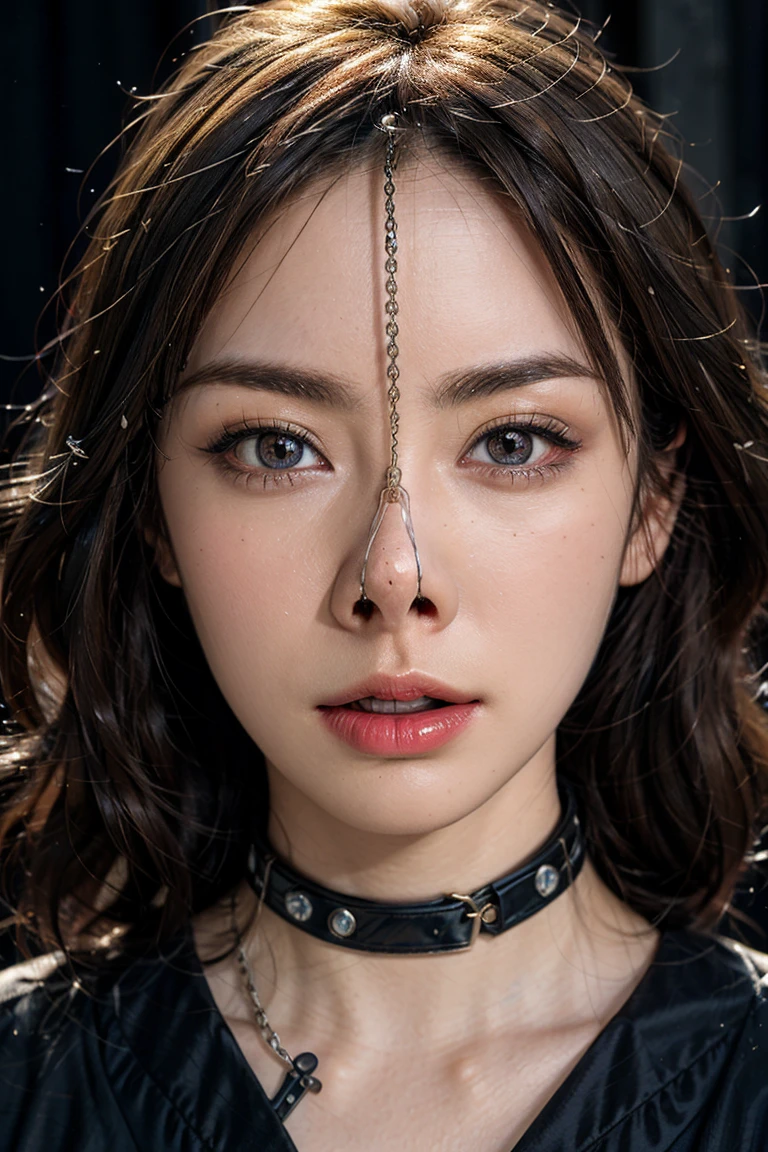(Browsing Caution:-2), (Realistic, photo-Realistic :1.4), (Highest quality, masterpiece:1.2), RAW Photos, High resolution, Intricate details, Very detailed, Realistic and sharp details, Portraiture, (Bust Shot, Front view:1.2 ), alone, Beautiful Japanese Women, Beautiful woman, (Blonde), (Short Bob Hair), Detailed face, Detailed eyes, Beautiful Eyes, Refined nose, Pale skin, Fine skin, (Nose hook, Chain strap), (Gemstone Choker), clavicle, shoulder, T-Shirts, skirt, dress、(Party Venue)、(Being watched by men)、(Public scrutiny)、