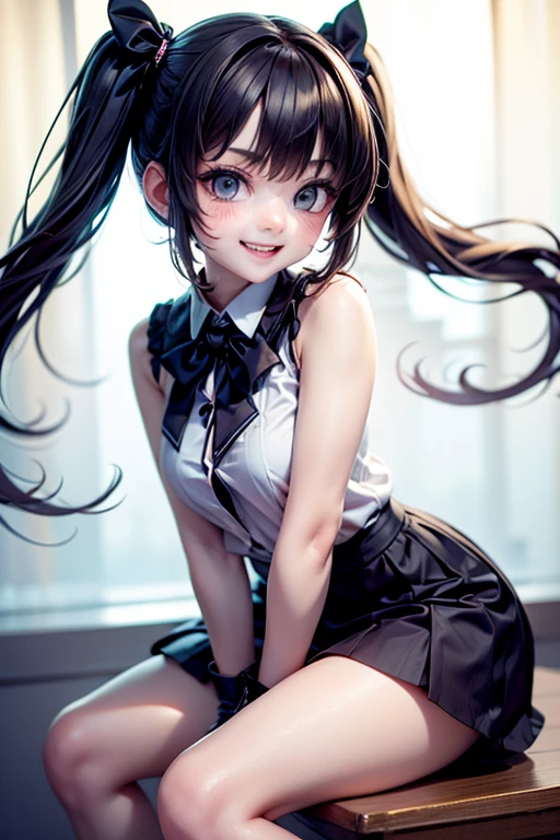 a cute girl smiling, black hair, very large hair, short puffy sleeves, lace cloth ((crop)) shirt, bubble skirt, white socks, black patent leather pumps, intrincated hairstyle, hairpins, leaning forward, dynamis angle, playground at night, night scene, fireworks at background, moon at background