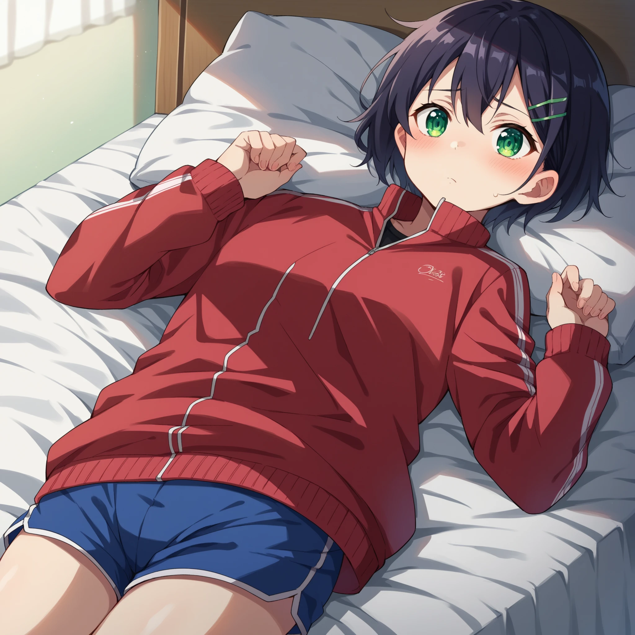 masterpiece, ultra quality, ultra sharp, ultra detailed, 1girl, solo, (((good anatomy))), haduki kurumi, (tattered torn dripping wet white gym shirt), navy gym pants, animal ears, randoseru, name tag, Japanese anime pose, laugh, BurumaShorts, Buruma, Gym Uniform, (((lying:1.4, spread_legs, legspread, split_legs)), (randoseru backpack:1.4), (smirk smile), buruma, blue buruma, black buruma, (cameltoe), (tattered torn short sleeve white gym uniform with colored hem), (tiny nipples), (white long loose socks), strong lighting, legspread, bukkake, cum on clothes, cum on legs, cum on buruma, cum on bloomers,