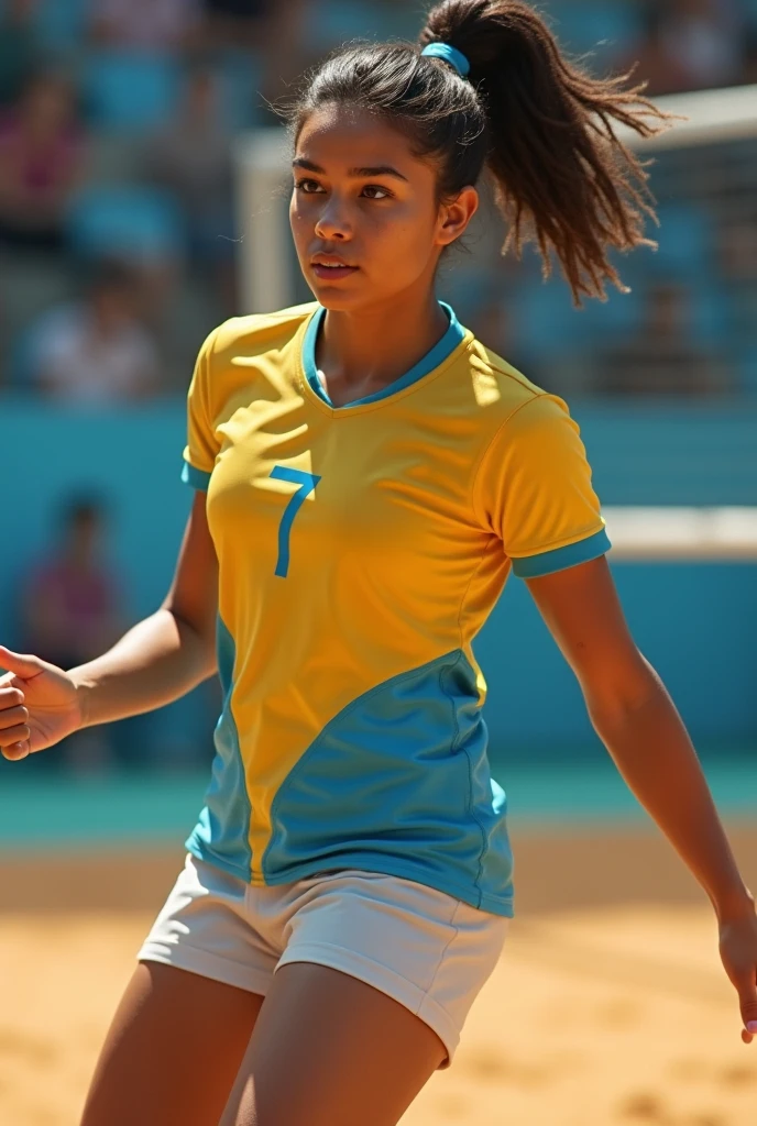 Melanie Rios, straight hair, thin body, expressive eyes, above view, looking to the viewer, above camera, close camera, playing volley, short clothes, tight clothes, sport clothes, yellow clothes, in a volleyball square, short shorts, sunny day,, focus on eyes, teasing, back view,