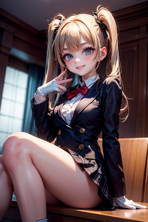 Female wearing plaid mini skirt and jacket,jacket open,bra exposed,full-body render,looking at viewer,facing viewer,small breasts,petite,slim body leg's and thighs,short,hypnotised,in bedroom,wearing high heel ankle boots,tie around neck,pigtails,blank eyes,being controlled,hypnosis