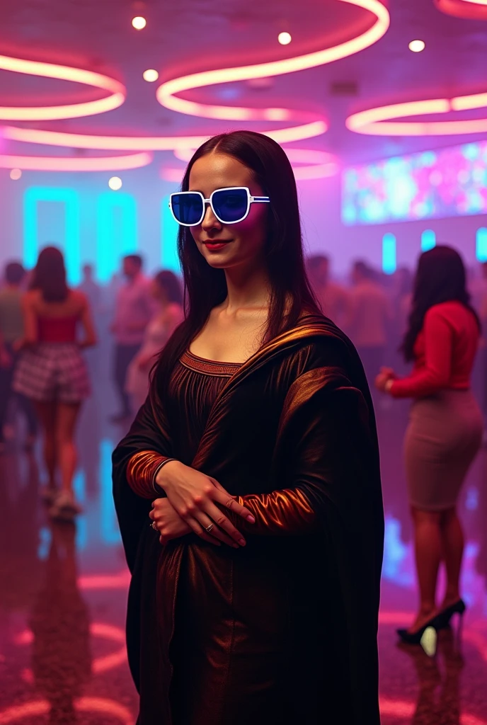 masterpiece, best quality, extremely detailed, hyperrealistic:1.1, photorealistic, a beautiful 20s russian model, ultra detailed face:1.1, sunglasses on head:1.1, blue fur shawl, white dress, high ponytail, black hair, at nightclub:1.2, nightclub light:1.1, party, music club, people dancing on the dance floor background, underground danceclub, laughing, eye closed