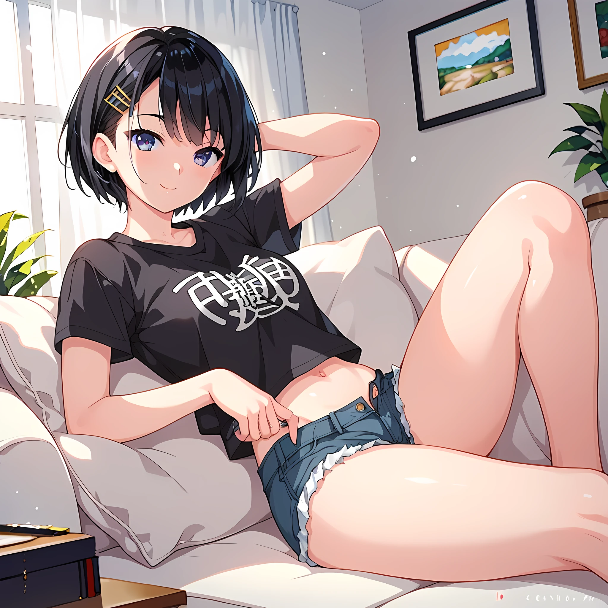 Two Girls , university student, topless, Large Breasts, (Pull up your skirt, micro thong), Upper Body、necklace、smile, shy, Bedroom, 