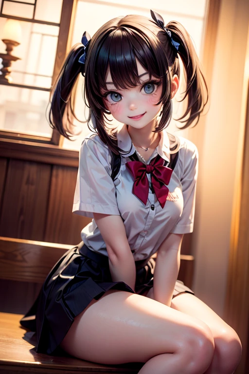 very cute and beautiful girl,(highly detailed beautiful face and eyes), (smile),blush,serafuku,pleated navy blue mini skirt,black hair,low twintails,sitting,(spread legs,white panties), wooden classroom,window,distant trees and town, (best quality,masterpiece:1.0),absurdres,highres,ultra-detailed,extremely detailed,32k,8k resolution, intricate details,cinematic scene,detailed background,solo,dynamic angle,