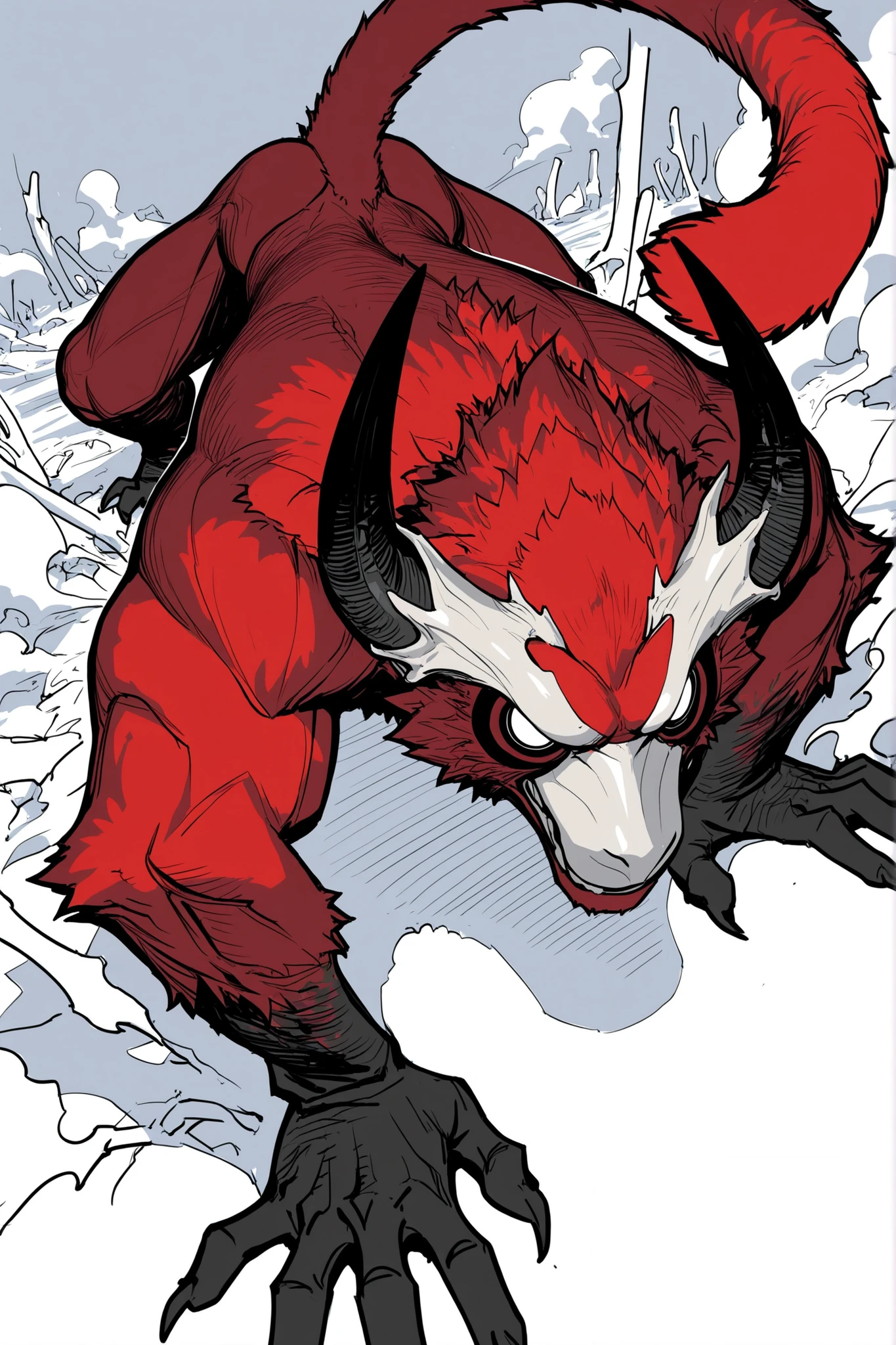 monster game, sketch, concept art, mandrill monkey, bright color, steam puff, black and red fur, white eyes, round eyes, bright eyes, muscular, on plain white canvas, rough, fine lines, 2d, concept art, on all fours, large, arms spread wide, and small hind legs, tail, Masterpiece, incredible quality, perspective, dynamic pose, dynamic angle, alone, aged, brutal, cunning, Black crystal protrusion on its fists, Animal bone horn