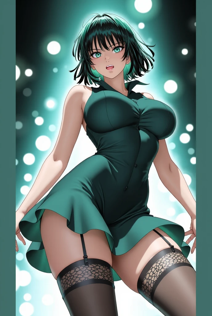 (La mejor calidad, 8k, 12), 1 girl, Fubuki, Pelo corto, cabello verde, bunnysuit, escote,  small breast, El cuerpo perfecto, skinny body, Cara ultra detallada, Labios detallados, ojos delgados, standing ,tentador, excitado, pezones marcados en la ropa,en celo, vapor, tembloroso, Wet