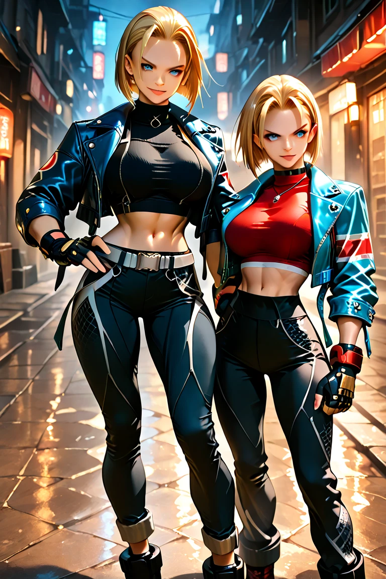 ((Best Quality, 8K, Masterpiece: 1.3)), Sharp Focus: 1.2, Beautiful Woman with Perfect Figure: 1.4, Wet Body: 1.1, Highly Detailed Face and Skin Texture, Detailed Eyes, Double Eyelids, (1girl), (Left Face Scar), (2, Sexy Mature), (Vest Line, Slim Waist, Fitness Figure), (Blue Jacket), (Yoga Pants), (Buttocks), ((Big Blue Eyes, Long Eyelashes)), ((Pout)), ((Firm Nose)), Detailed Face, Best Light, Best Shadow, Edge Light, Dynamic Action, Fist Clenching, in London, Ray Tracing, Unreal Engine 5, ((Cammy white, Street Fighter 6, game CG character)), Beautiful shiny hair, (((dark gray tights)))), muscular, collar, abs, big breasts, fight sound effect text on screen, game fight style street background, kick fighting action, (kung fu action, comic speed line), ((Cammy White's Street Fighter 6 promotional poster style)), (leg muscle lines), ((Street Fighter 6 title)), neon lights, bustling and lively streets, tall buildings in the distance, at night