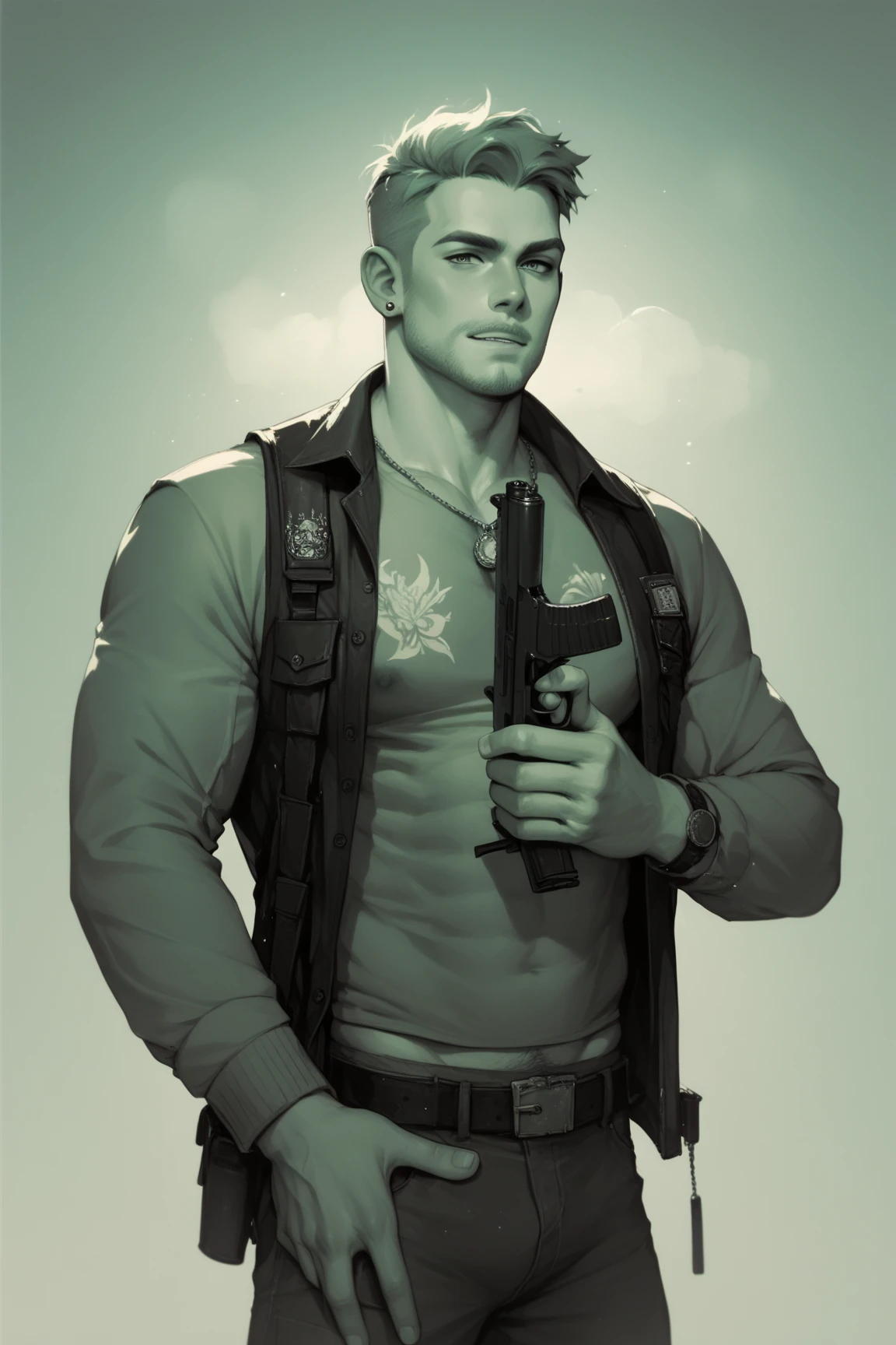 A tough-looking adult man with a cyberpunk aesthetic, comic style, angry ((whole body)) wide trousers, Waders, He is crouching down shooting with a gun, Dynamic pose, pose with movement, frontal, very masculine face, Muted colors, Soft colors, matched tones, is walking towards the camera, powerful shocking, actual, Casual, Digital paint, digital portrait, An ultra-fine and detailed painting, moebius style, jean giraud, wet floor reflections