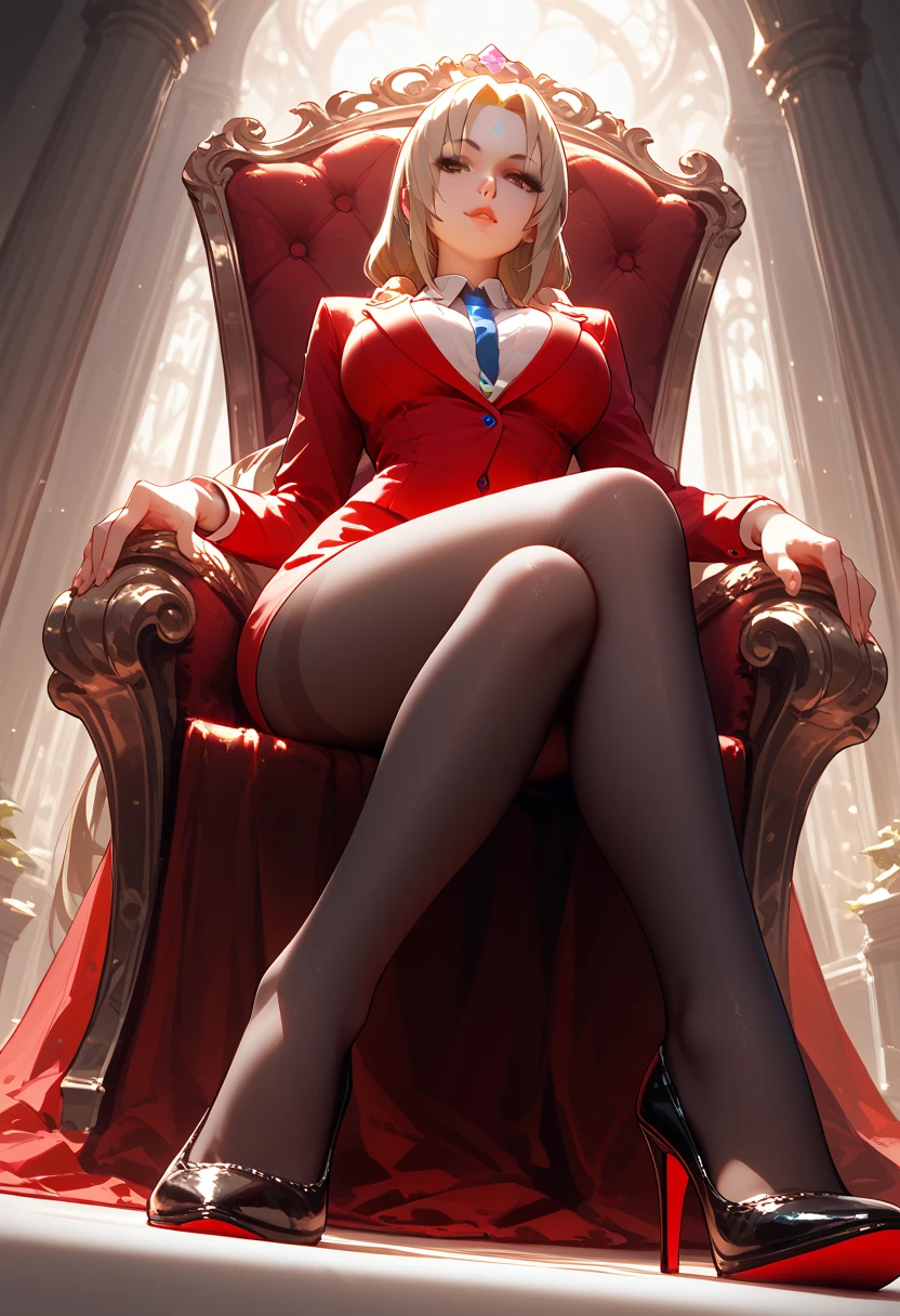 HDR, UHD, 8K, best quality, masterpiece, Highly detailed, sharp focus, detailed, ultra high res, amazing composition, intricate, hyperdetailed, detailed body, (detailed face:1.1), (rendered eyes), (perfect eyes), view from below, solo focus, full body, Charlie Morningstar, woman, BBW, hourglass body, pale skin, light skin, platinum blonde, yellow eyes, massive breasts, massive cleavage, red lipstick, red nails, silver jewelry, red suit jacket, red silk pant suit, holding a cigarette, sitting, executive chair, hell