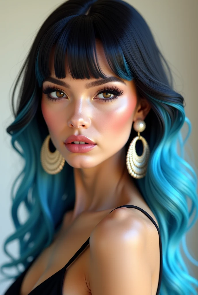 Glamour Beautiful biracial latina woman, long light blue hair, light blue eyes,large breasts, Résolution Haute, glamour black dress, chic black hat, elegant pose, sensual expression, elegant make up, sit on a sofa, Vues Multiples,