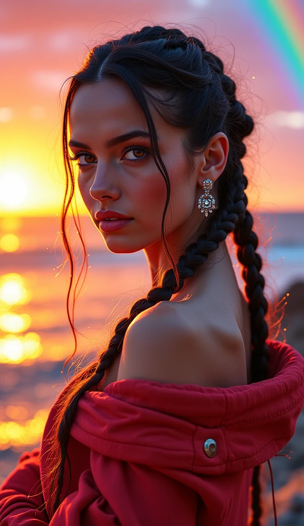 sexy woman, black braided hair, black t-shirt, eyes closed, glossy pink lips parted in a kiss, flawless glowing skin, long beautiful neck,perfect hand, low cut neckline, detailed face and features, extremely beautiful, medium shot, thigh high, divine proportions, ultrarealistic, bold and cute.