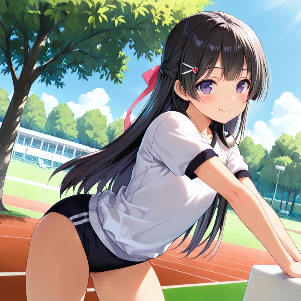 masterpiece, ultra quality, ultra sharp, ultra detailed, 1girl, solo, (good anatomy), haduki kurumi, (tattered torn dripping wet white gym shirt), navy gym pants, animal ears, randoseru, name tag, Japanese anime pose, laugh, BurumaShorts, Buruma, Gym Uniform, (((lying:1.4, spread_legs, legspread, split_legs, spreading legs)), (randoseru backpack:1.4), (((smirk smile))):1.4, buruma, blue buruma, black buruma, (cameltoe), (tattered torn short sleeve white gym uniform with colored hem), (tiny nipples), (white long loose socks), strong lighting, legspread, bukkake, cum on clothes, cum on legs, cum on buruma, cum on bloomers,