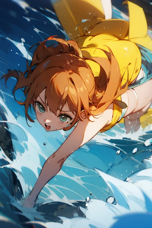 foreshortening,  depth of field, masterpiece, best quality, 1girl, fire hair, brown eyes,  long hair, underwater, air bubble, solo, looking at viewer, knight swimsuit, swimming,  dappled sunlight,