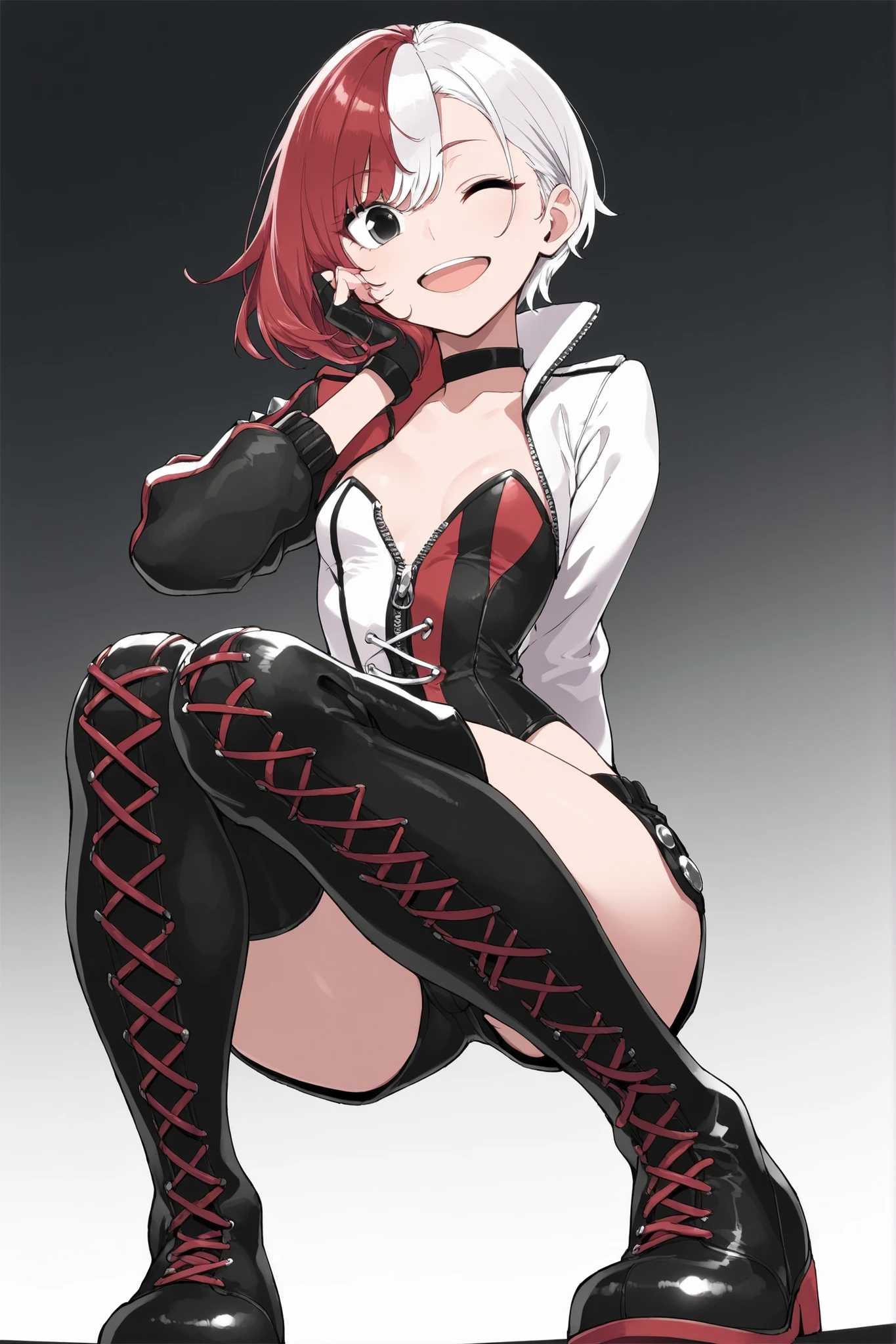 masterpiece, best quality, high detail, sharp lines,
1girl, solo, megumegu, petite, small breasts, black eyes,
very short hair, two-tone hair, dark gray and white hair,
black choker,
(strapless corset, split color corset, red and black corset, sweetheart neckline, no zipper, no laces,)
leather cropped jacket, zipper jacket, standing collar, shoulder studs, tight jacket, jacket front open,
cropped black shorts, hem on shorts, no skirt,
(thigh-high boots, black and red lace-up boots,)
single fingerless glove,
from below, look at viewer, smile, open mouth, wink,
hand on own cheek, squatting, knees together,