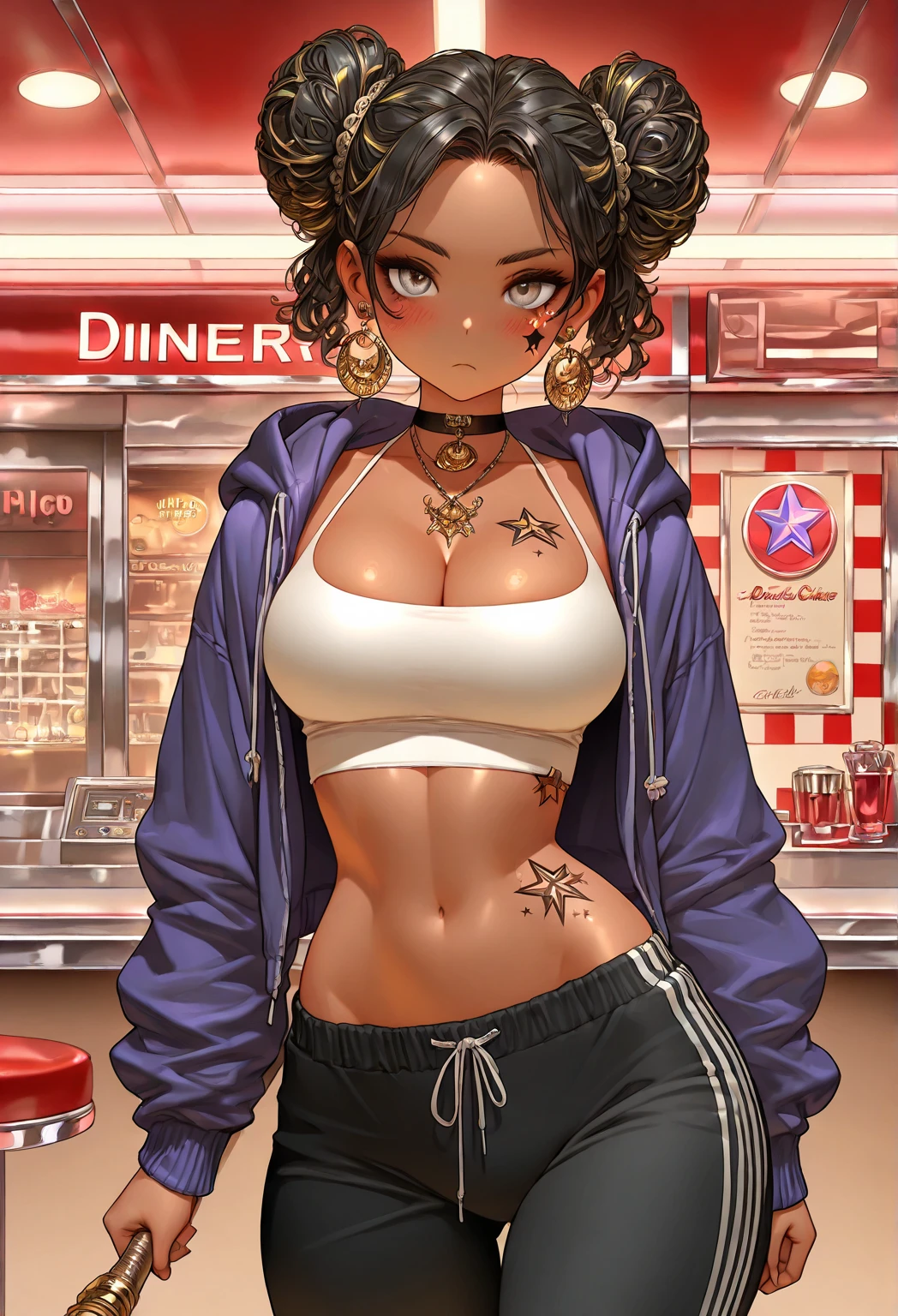 A stunningly realistic anime-style illustration of a young woman with a busty, curvaceous, and slim figure, showcasing perfect body proportions. She is dressed in a revealing tank top, a pair of short shorts, and a trendy trucker hat. Her wavy hair cascades down her shoulders, framing her captivating eyes. With a playful smirk, she holds a delicious-looking doughnut in her hand. The background of the doughnut shop is filled with pastel colors and sweet treats. The overall atmosphere exudes a sense of indulgence and youthful charm.