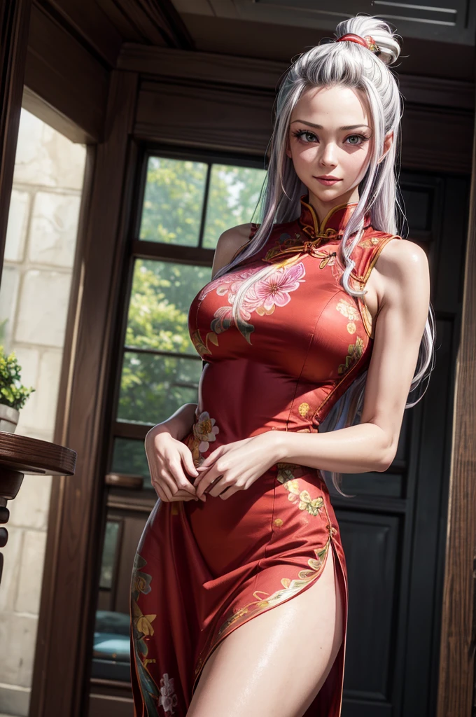 (Redcoat:1 silver-haired girl, Normal posture), tmasterpiece, best qualtiy, RAW photogr, realisticlying, the face, Incredibly Ridiculous res, Beautiful elf beauty, ear studs,Get wet all over, (Long silver hair), (Red wedding dress+),Chinese dress silk long skirt,(Red cloth shoes+),depth of fields, A high resolution, ultra - detailed, filigree, RAWE is very detailed, very detailed eyes and faces, Sharp pupils, realistic pupil, tack sharp focus, cinmatic lighting,full bodyesbian,Bigboobs,long leges,From the front side,ancient Chinese town,Lanterns,lamplight,Lights of all homes,A faint red glow,dynamicposes